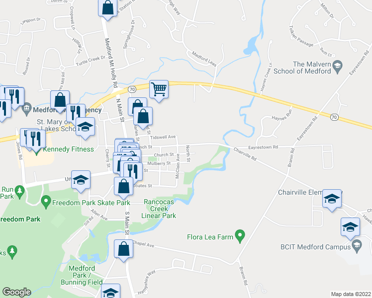 map of restaurants, bars, coffee shops, grocery stores, and more near 78-80 Branch Street in Medford