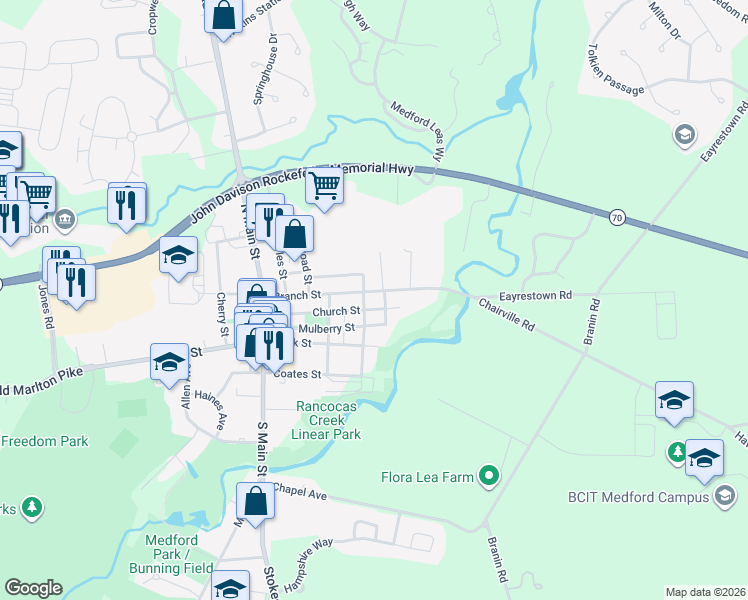 map of restaurants, bars, coffee shops, grocery stores, and more near 74 Branch Street in Medford