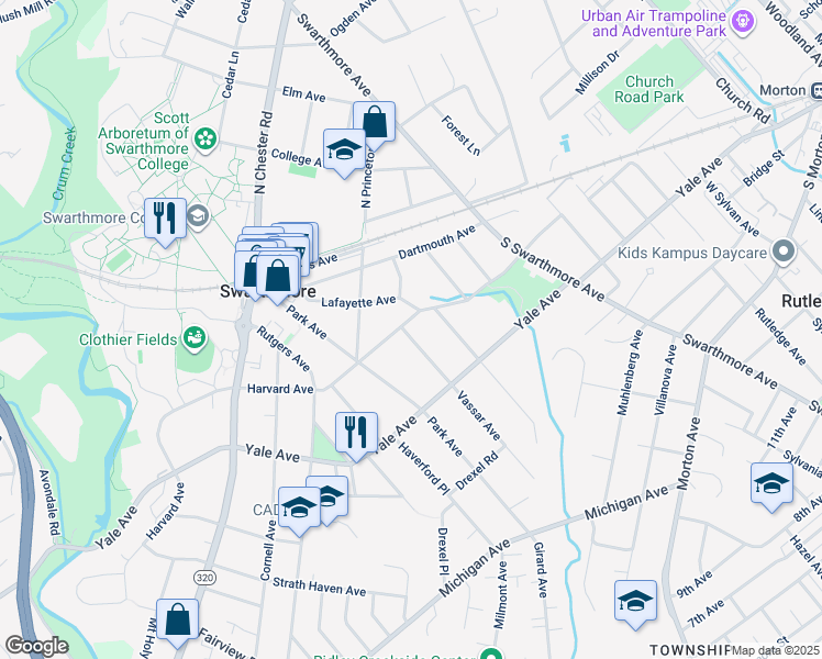 map of restaurants, bars, coffee shops, grocery stores, and more near 214 Harvard Avenue in Swarthmore