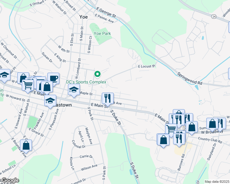 map of restaurants, bars, coffee shops, grocery stores, and more near 125 North Park Street in Dallastown