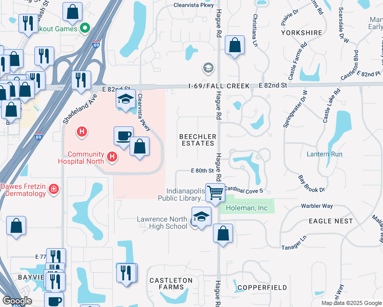 map of restaurants, bars, coffee shops, grocery stores, and more near 8036 Wallingwood Drive in Indianapolis