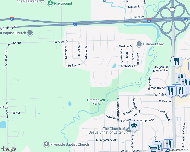 map of restaurants, bars, coffee shops, grocery stores, and more near 822 West Harold Circle in Decatur