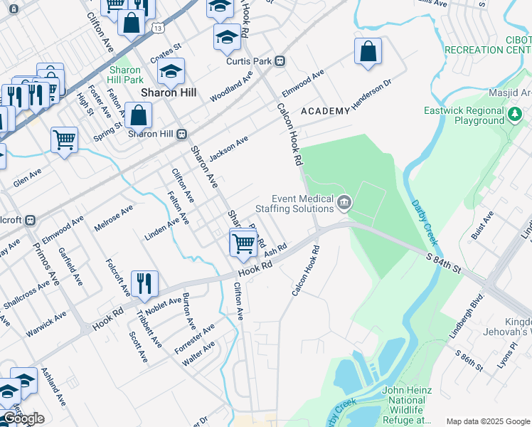 map of restaurants, bars, coffee shops, grocery stores, and more near 906 Barker Road in Sharon Hill