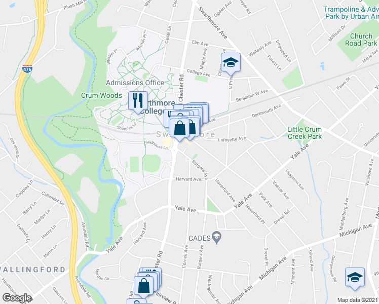 map of restaurants, bars, coffee shops, grocery stores, and more near in Swarthmore
