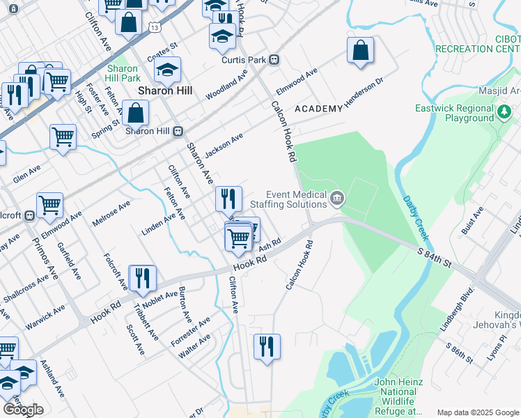 map of restaurants, bars, coffee shops, grocery stores, and more near 906 Barker Road in Sharon Hill