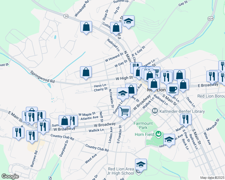map of restaurants, bars, coffee shops, grocery stores, and more near 150 Keener Avenue in Red Lion