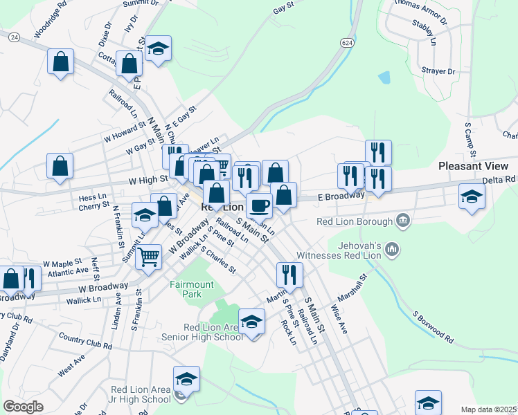 map of restaurants, bars, coffee shops, grocery stores, and more near 121 East Broadway in Red Lion