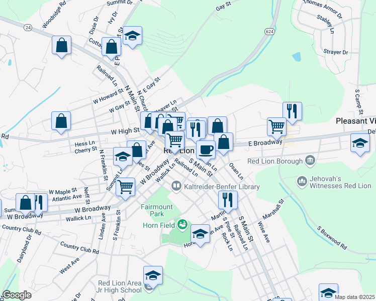 map of restaurants, bars, coffee shops, grocery stores, and more near 34 East Broadway in Red Lion