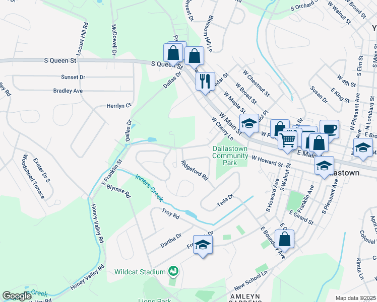 map of restaurants, bars, coffee shops, grocery stores, and more near 79 South Franklin Street in Dallastown