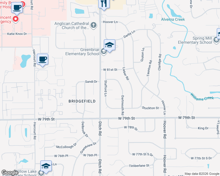 map of restaurants, bars, coffee shops, grocery stores, and more near 8088 Dartmouth Road in Indianapolis