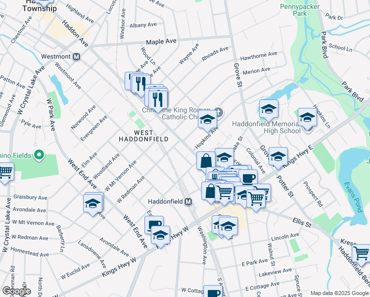 map of restaurants, bars, coffee shops, grocery stores, and more near 136 North Haddon Avenue in Haddonfield