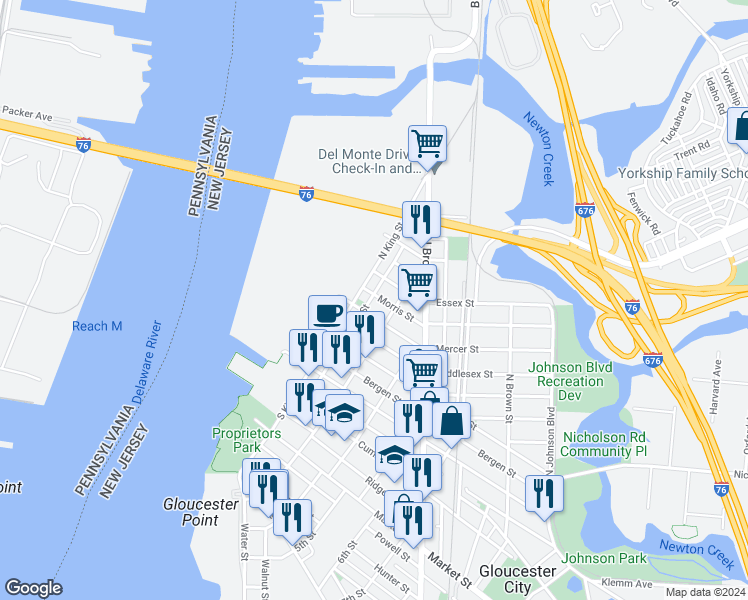 map of restaurants, bars, coffee shops, grocery stores, and more near 216 Morris Street in Gloucester City