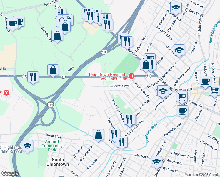 map of restaurants, bars, coffee shops, grocery stores, and more near 211 Easy Street in Uniontown