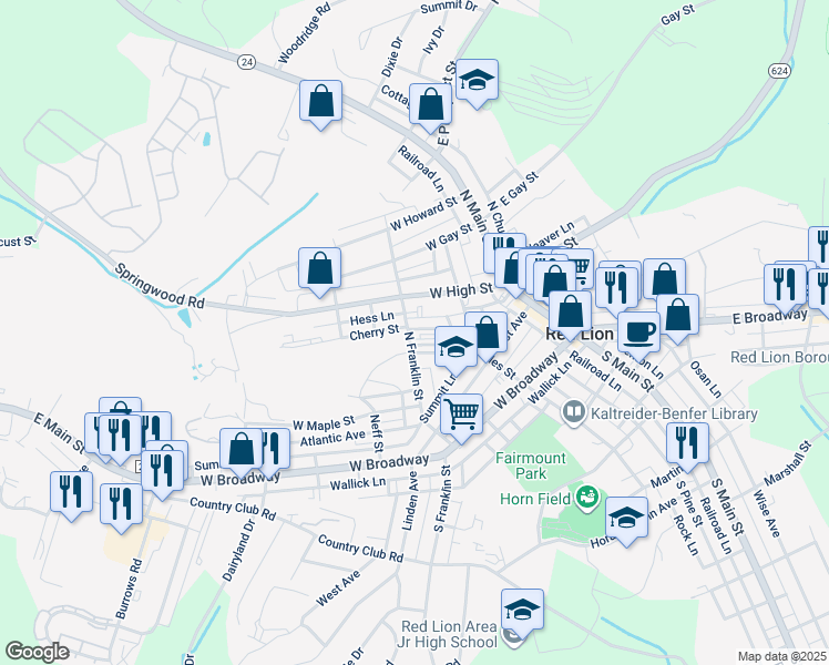 map of restaurants, bars, coffee shops, grocery stores, and more near 150 Keener Avenue in Red Lion