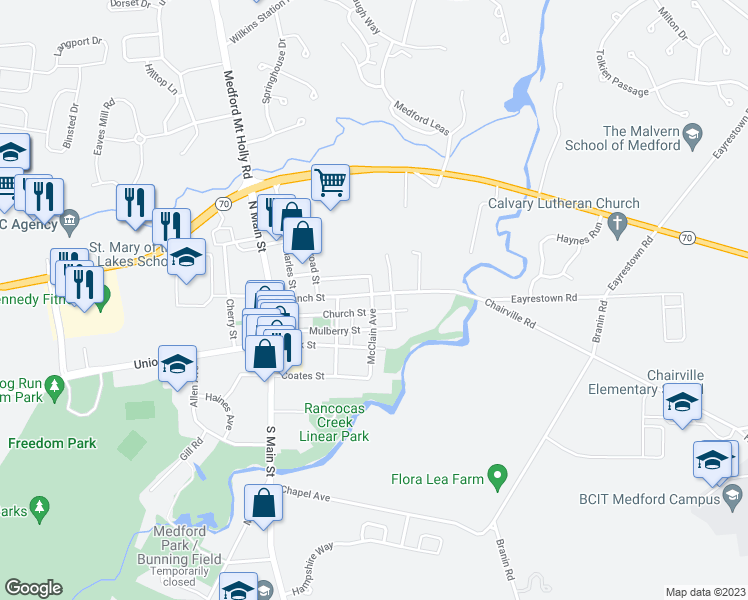 map of restaurants, bars, coffee shops, grocery stores, and more near 68 Branch Street in Medford