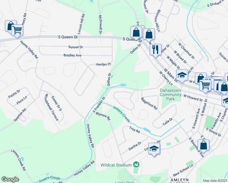 map of restaurants, bars, coffee shops, grocery stores, and more near 190 Franklin Square Drive in Dallastown