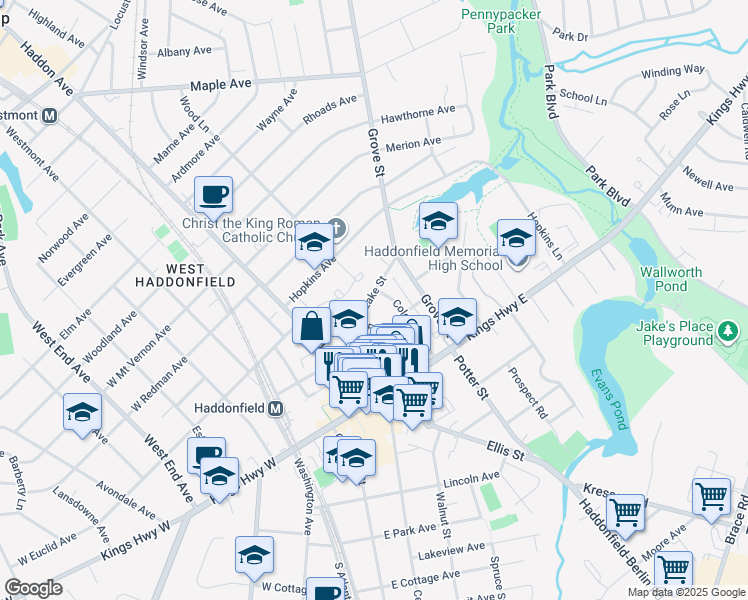 map of restaurants, bars, coffee shops, grocery stores, and more near 271 Lake Street in Haddonfield