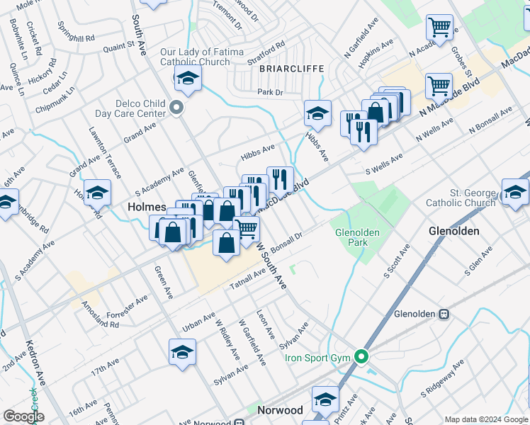map of restaurants, bars, coffee shops, grocery stores, and more near 411 South Macdade Boulevard in Glenolden