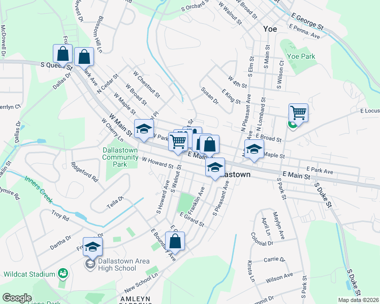 map of restaurants, bars, coffee shops, grocery stores, and more near 17 East Main Street in Dallastown