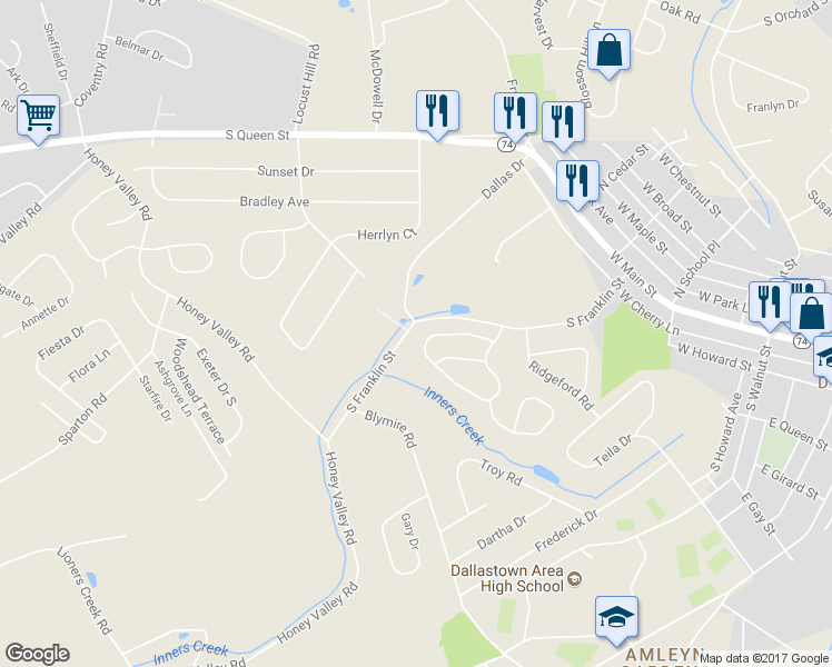 map of restaurants, bars, coffee shops, grocery stores, and more near 190 Franklin Square Drive in Dallastown