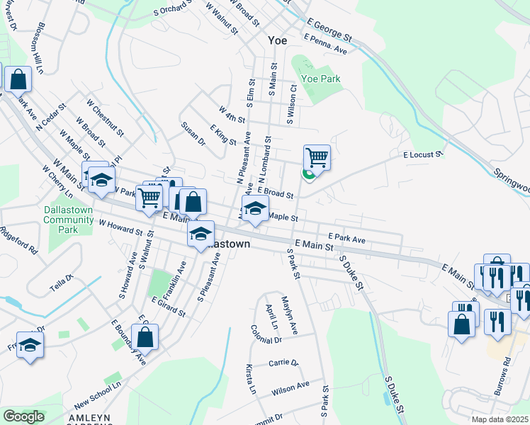 map of restaurants, bars, coffee shops, grocery stores, and more near 245 East Maple Street in Dallastown