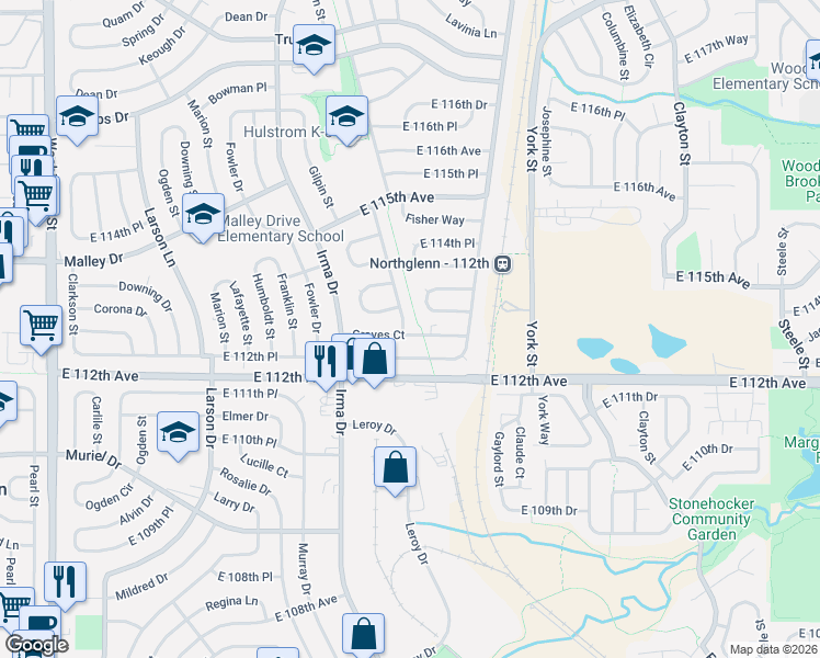 map of restaurants, bars, coffee shops, grocery stores, and more near 11312 High Street in Northglenn