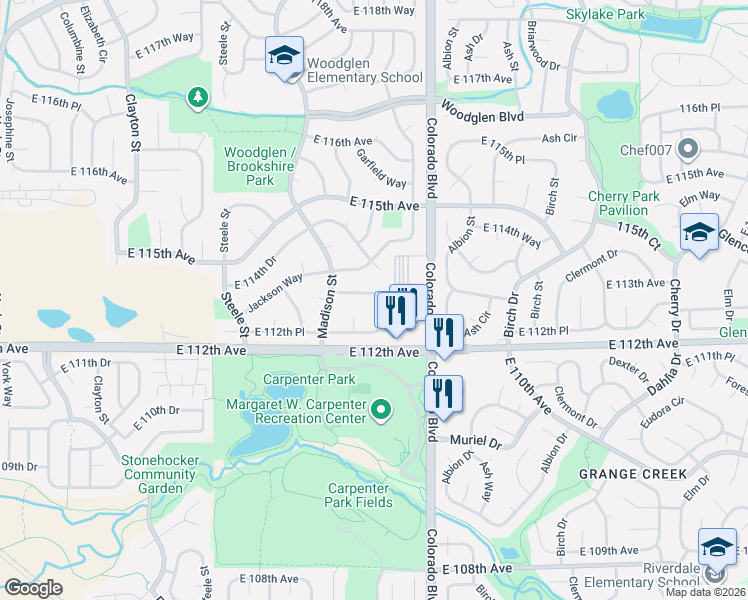 map of restaurants, bars, coffee shops, grocery stores, and more near 3809 East 113th Avenue in Thornton