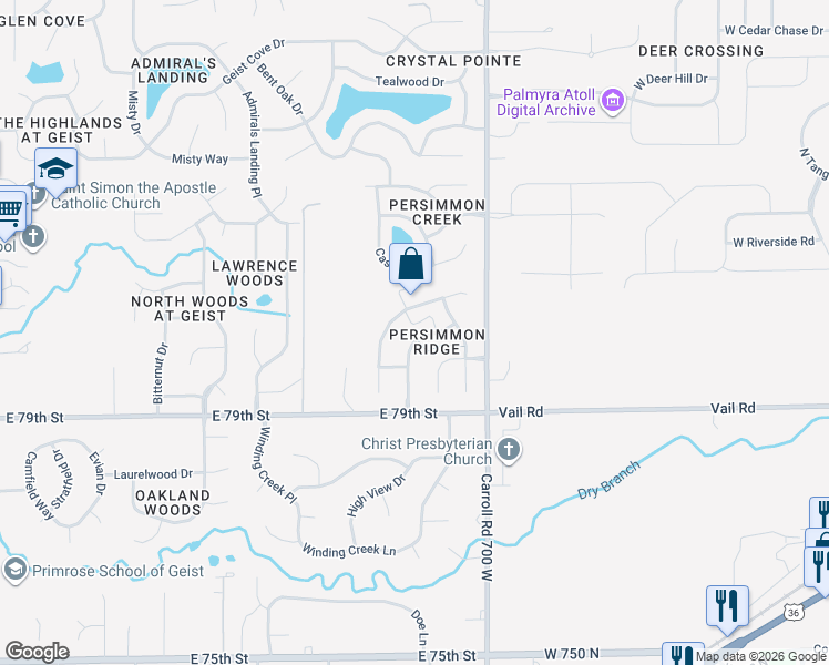 map of restaurants, bars, coffee shops, grocery stores, and more near 7988 Kersey Drive in Indianapolis