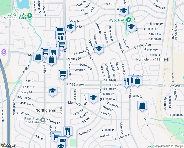 map of restaurants, bars, coffee shops, grocery stores, and more near 11306 Downing Drive in Northglenn