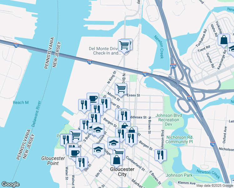 map of restaurants, bars, coffee shops, grocery stores, and more near 231 Essex Street in Gloucester City