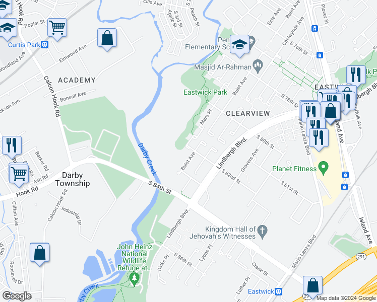 map of restaurants, bars, coffee shops, grocery stores, and more near 8127 Buist Avenue in Philadelphia