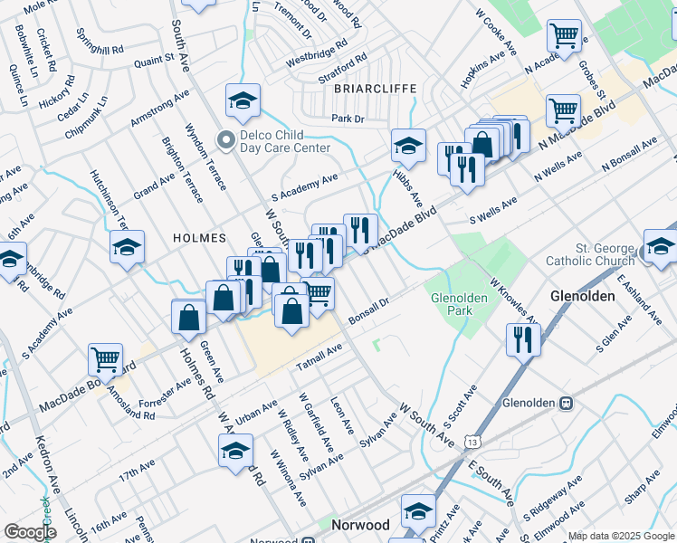 map of restaurants, bars, coffee shops, grocery stores, and more near 411 South Macdade Boulevard in Glenolden