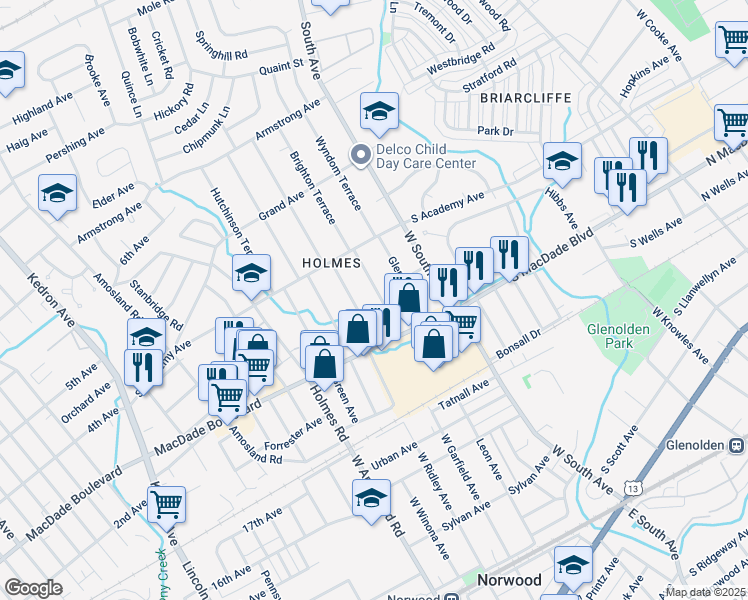 map of restaurants, bars, coffee shops, grocery stores, and more near 325 Brighton Terrace in Holmes