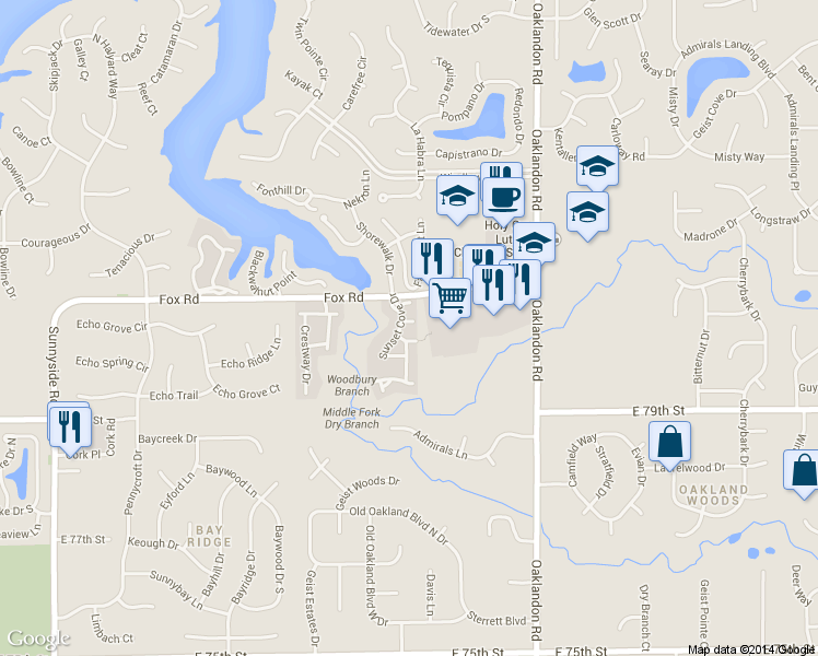 map of restaurants, bars, coffee shops, grocery stores, and more near 11543 Sunset Cove Court in Indianapolis
