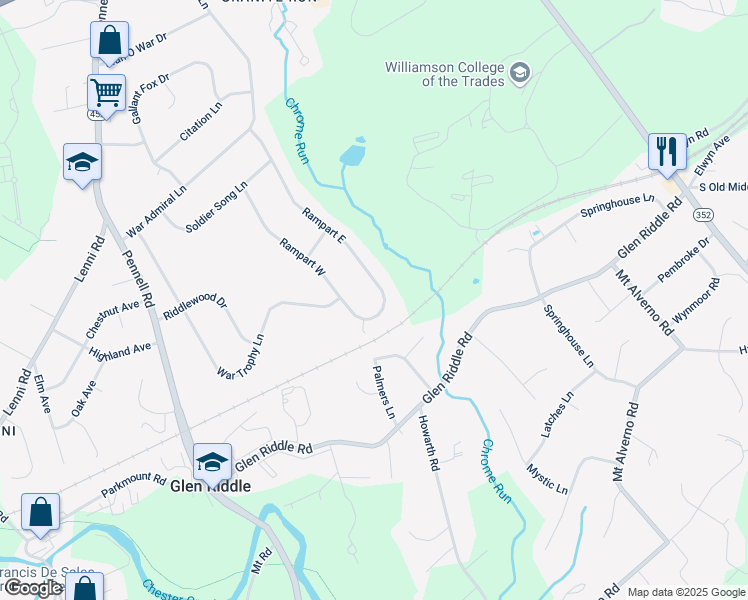 map of restaurants, bars, coffee shops, grocery stores, and more near 50 Rampart East in Media