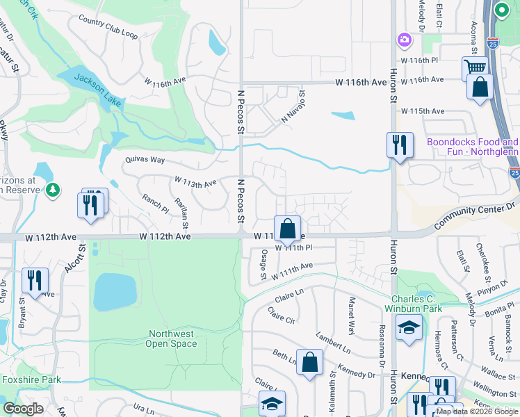 map of restaurants, bars, coffee shops, grocery stores, and more near 11203 Osage Circle in Northglenn