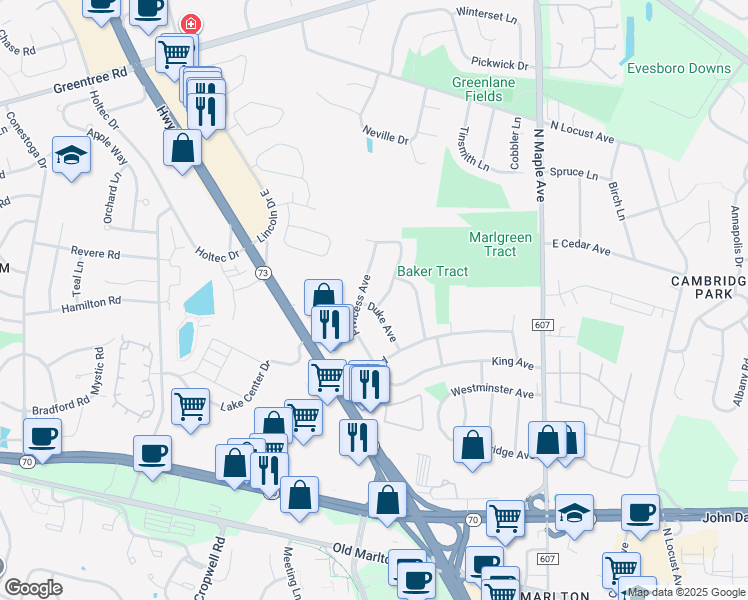 map of restaurants, bars, coffee shops, grocery stores, and more near 1 Baron Avenue in Evesham Township