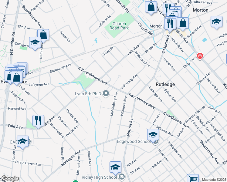 map of restaurants, bars, coffee shops, grocery stores, and more near 354 South Swarthmore Avenue in Swarthmore