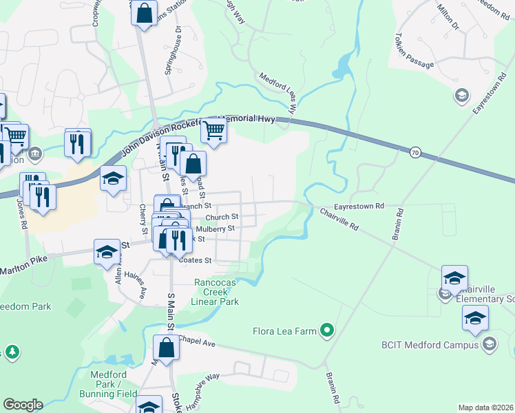 map of restaurants, bars, coffee shops, grocery stores, and more near 75 Branch Street in Medford