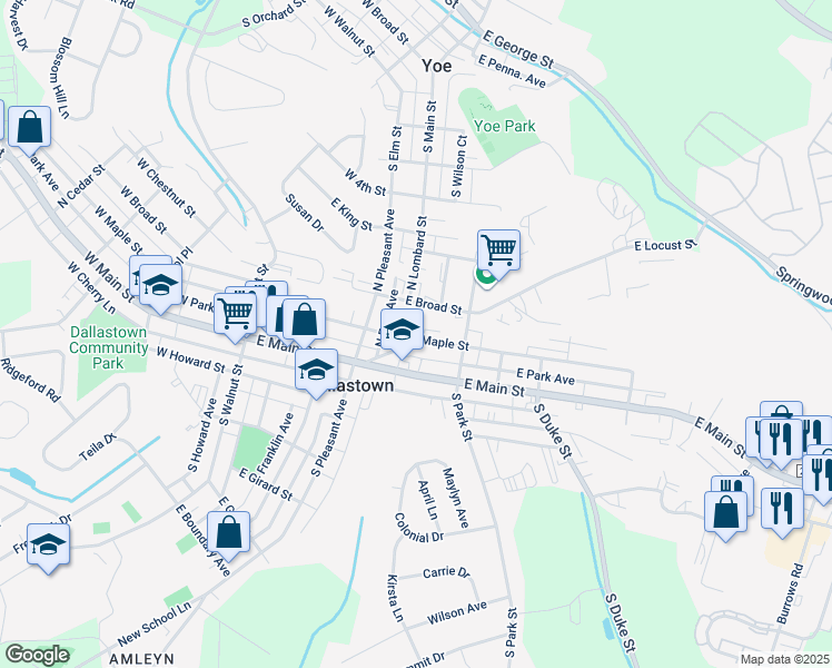 map of restaurants, bars, coffee shops, grocery stores, and more near 245 East Maple Street in Dallastown