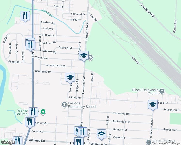 map of restaurants, bars, coffee shops, grocery stores, and more near 3018 Lewis Road in Columbus