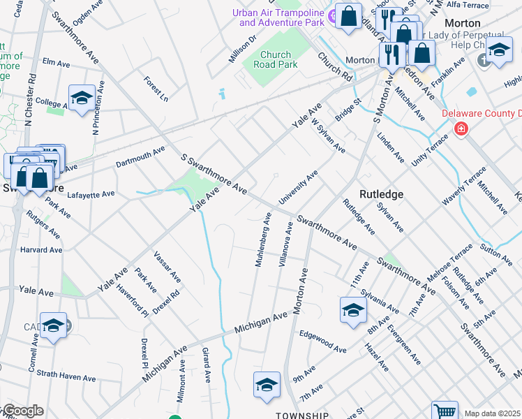 map of restaurants, bars, coffee shops, grocery stores, and more near 354 South Swarthmore Avenue in Swarthmore
