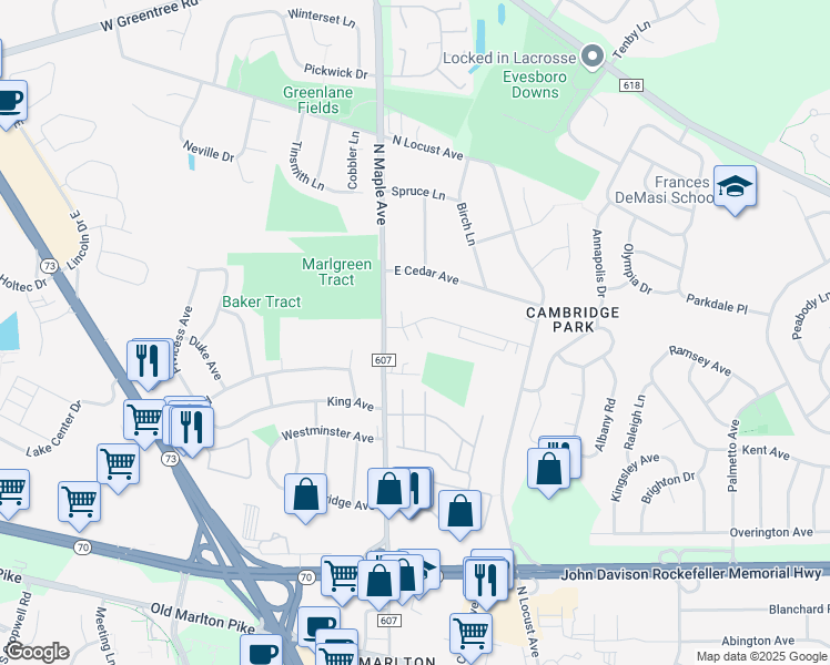 map of restaurants, bars, coffee shops, grocery stores, and more near 37 North Maple Avenue in Evesham