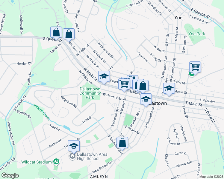 map of restaurants, bars, coffee shops, grocery stores, and more near 104 West Main Street in Dallastown
