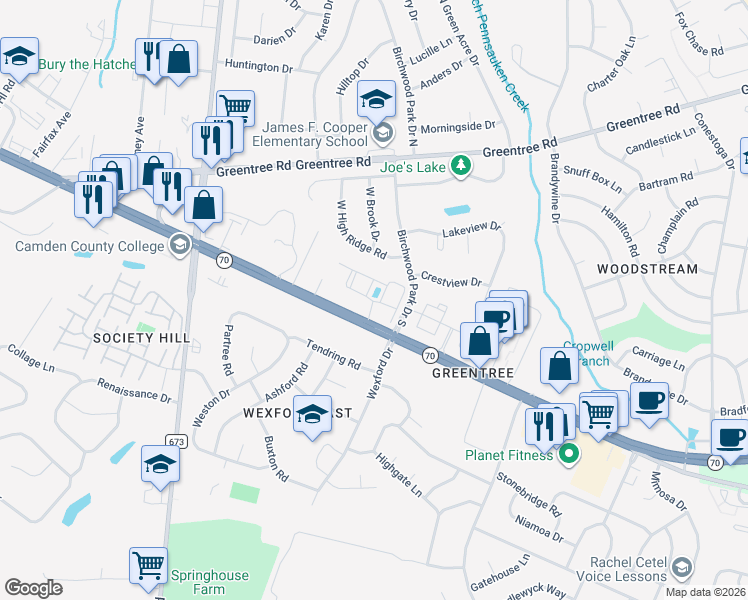 map of restaurants, bars, coffee shops, grocery stores, and more near 100 Cobble Creek Circle in Cherry Hill