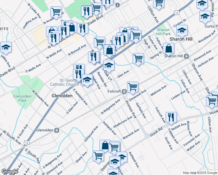 map of restaurants, bars, coffee shops, grocery stores, and more near 111 Rambler Road in Glenolden