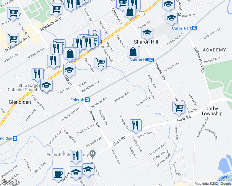 map of restaurants, bars, coffee shops, grocery stores, and more near 1439 Elmwood Avenue in Sharon Hill