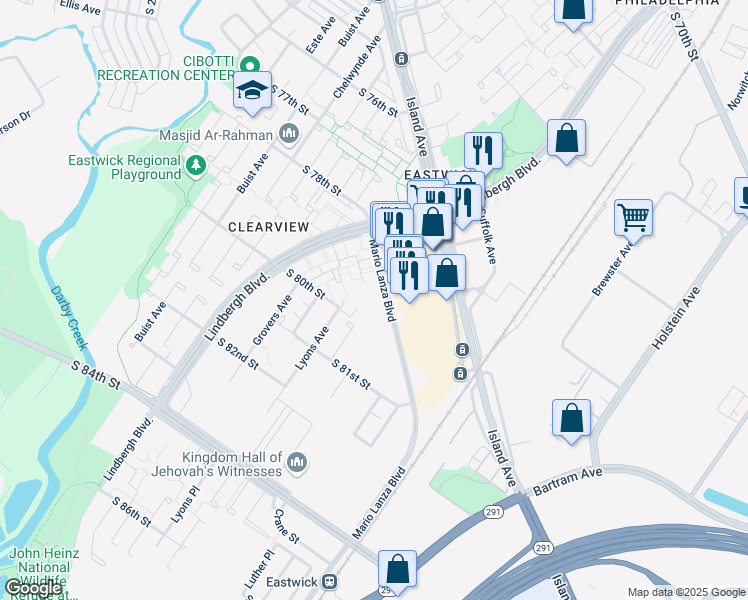 map of restaurants, bars, coffee shops, grocery stores, and more near 3002 Mario Lanza Boulevard in Philadelphia