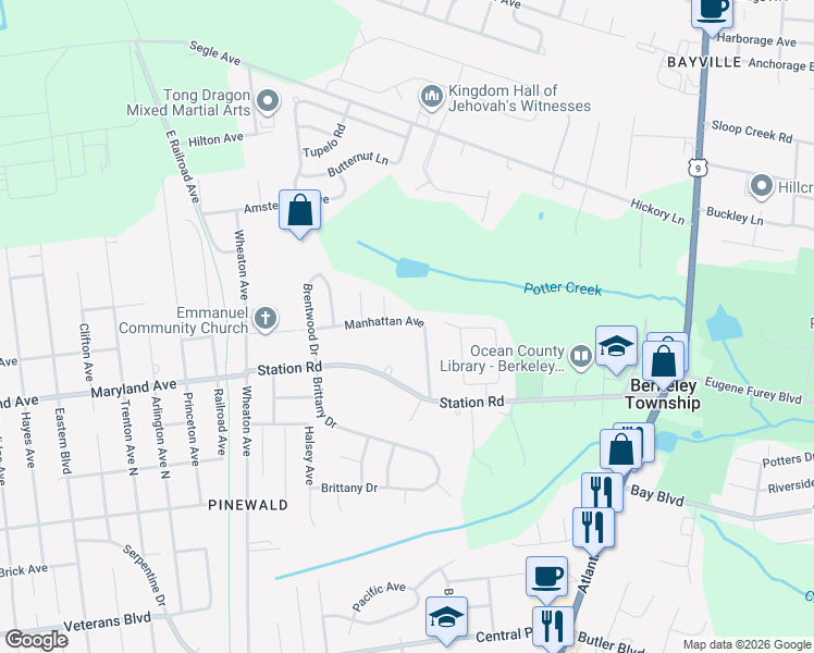 map of restaurants, bars, coffee shops, grocery stores, and more near 145 Manhattan Avenue in Berkeley Township