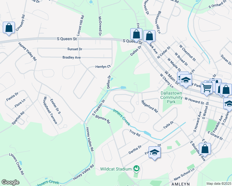 map of restaurants, bars, coffee shops, grocery stores, and more near 170 Franklin Square Dr in Dallastown
